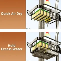 Kitchen Sink Faucet Organizer,Rustproof Aluminum Holder for Sponge, Soap, Brush, Space-Saving Design with Drip Tray, Easy Installation