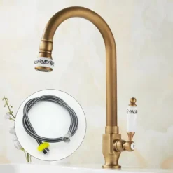 Kitchen Sink Faucet Retro Brass, 360 ° Swivel Single Handle Cold Taps One Hole Lever Ceramic Valve Tap Antique Vintage Bronze
