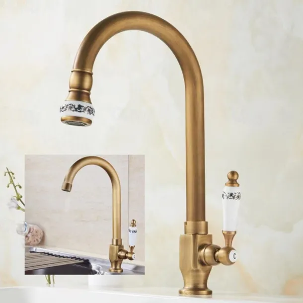 Kitchen Sink Faucet Retro Brass, 360 ° Swivel Single Handle Cold Taps One Hole Lever Ceramic Valve Tap Antique Vintage Bronze