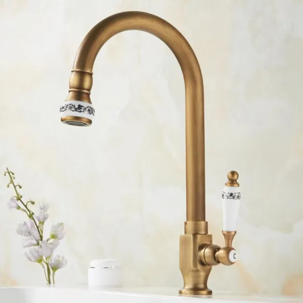 Kitchen Sink Faucet Retro Brass, 360 ° Swivel Single Handle Cold Taps One Hole Lever Ceramic Valve Tap Antique Vintage Bronze