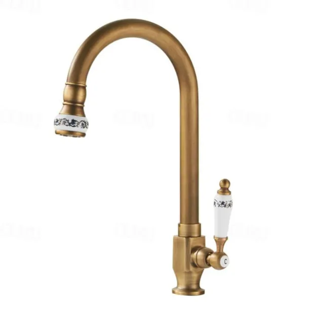 Kitchen Sink Faucet Retro Brass, 360 ° Swivel Single Handle Cold Taps One Hole Lever Ceramic Valve Tap Antique Vintage Bronze