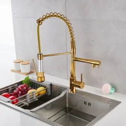Kitchen Sink Mixer Faucet Pull Down Sprayer, Single Lever Pull Out Taps, 360 ° Swivel Cold Hot Water Brass Tap Golded Chrome Black