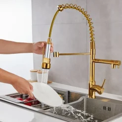 Kitchen Sink Mixer Faucet Pull Down Sprayer, Single Lever Pull Out Taps, 360 ° Swivel Cold Hot Water Brass Tap Golded Chrome Black