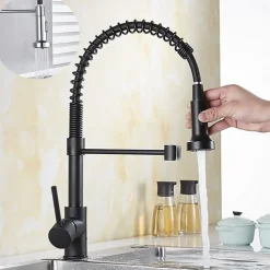 Kitchen Sink Mixer Faucet with Pull Down Sprayer, 360 swivel High Arc Single Handle Spring Kitchen Taps Deck Mounted, One Hole Brass Kitchen Sink Faucet Centerset Water Taps