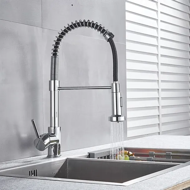 Kitchen Sink Mixer Faucet with Pull Down Sprayer, 360 swivel High Arc Single Handle Spring Kitchen Taps Deck Mounted, One Hole Brass Kitchen Sink Faucet Centerset Water Taps