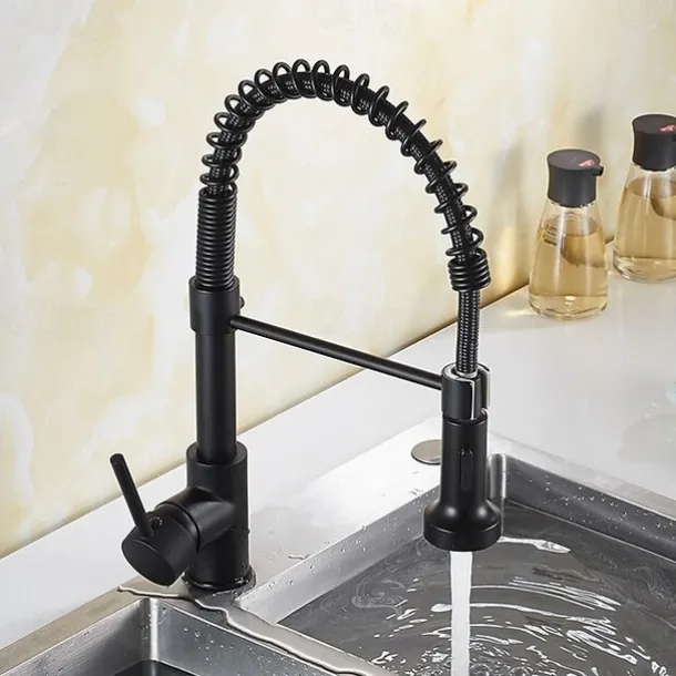 Kitchen Sink Mixer Faucet with Pull Down Sprayer, 360 swivel High Arc Single Handle Spring Kitchen Taps Deck Mounted, One Hole Brass Kitchen Sink Faucet Centerset Water Taps
