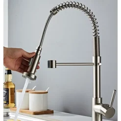 Kitchen Sink Mixer Faucet with Pull Down Sprayer, 360 swivel High Arc Single Handle Spring Kitchen Taps Deck Mounted, One Hole Brass Kitchen Sink Faucet Centerset Water Taps
