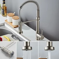 Kitchen Sink Mixer Faucet with Pull Down Sprayer, 360 swivel High Arc Single Handle Spring Kitchen Taps Deck Mounted, One Hole Brass Kitchen Sink Faucet Centerset Water Taps