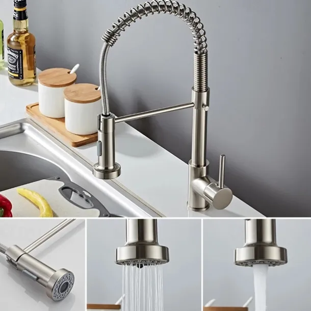 Kitchen Sink Mixer Faucet with Pull Down Sprayer, 360 swivel High Arc Single Handle Spring Kitchen Taps Deck Mounted, One Hole Brass Kitchen Sink Faucet Centerset Water Taps