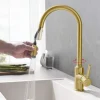 Kitchen Sink Mixer Faucet Pull Out, Single Lever Handle Brushed Solid Brass Taps Cold Hot Hose, One Hole with Pull Down Sprayer Black Gold Faucets
