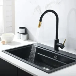 Kitchen Sink Mixer Faucet Pull Out, Single Lever Handle Brushed Solid Brass Taps Cold Hot Hose, One Hole with Pull Down Sprayer Black Gold Faucets