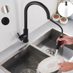 Kitchen Sink Mixer Faucet with Pull Out Sprayer, Stainless Steel Rotatable Vessel Tap, Rainfall/Waterfall Mode Spray Faucet, Black&Silver Kitchen Faucet Tap with Soap Dispenser
