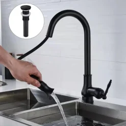 Kitchen Sink Mixer Faucet with Pull Out Spray, 360 Swivel Pull Down Vessel Taps Antique Brass/Black Deck Mounted, Antique Single Handle One Hole Kitchen Taps