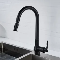 Kitchen Sink Mixer Faucet with Pull Out Spray, 360 Swivel Pull Down Vessel Taps Antique Brass/Black Deck Mounted, Antique Single Handle One Hole Kitchen Taps