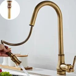 Kitchen Sink Mixer Faucet with Pull Out Spray, 360 Swivel Pull Down Vessel Taps Antique Brass/Black Deck Mounted, Antique Single Handle One Hole Kitchen Taps