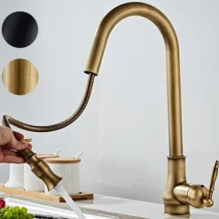 Kitchen Sink Mixer Faucet with Pull Out Spray, 360 Swivel Pull Down Vessel Taps Antique Brass/Black Deck Mounted, Antique Single Handle One Hole Kitchen Taps