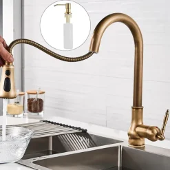 Kitchen Sink Mixer Faucet with Pull Out Spray, 360 Swivel Pull Down Vessel Taps Antique Brass/Black Deck Mounted, Antique Single Handle One Hole Kitchen Taps