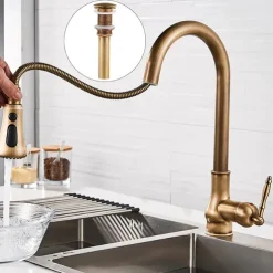Kitchen Sink Mixer Faucet with Pull Out Spray, 360 Swivel Pull Down Vessel Taps Antique Brass/Black Deck Mounted, Antique Single Handle One Hole Kitchen Taps