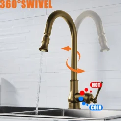 Kitchen Sink Mixer Faucet with Pull Out Spray, 360 Swivel Pull Down Vessel Taps Antique Brass/Black Deck Mounted, Antique Single Handle One Hole Kitchen Taps
