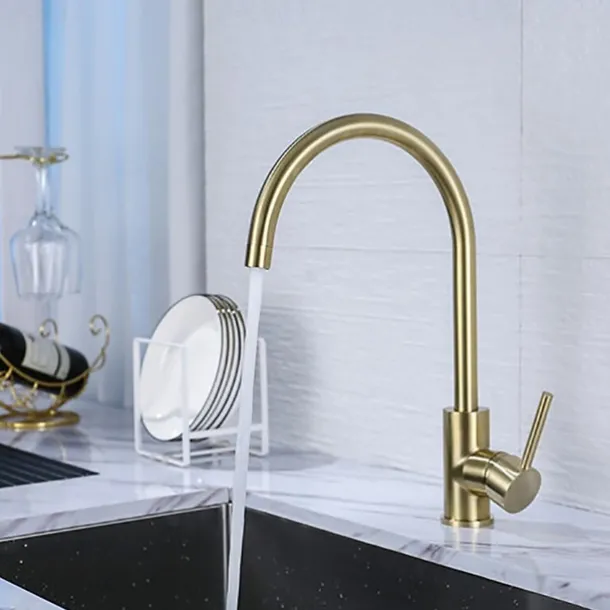 Kitchen Sink Mixer Faucet Brushed Gold Deck Mounted , 360 Swivel Single Handle Vessel Kitchen Brass Taps with Cold and Hot Water Hose
