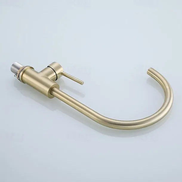 Kitchen Sink Mixer Faucet Brushed Gold Deck Mounted , 360 Swivel Single Handle Vessel Kitchen Brass Taps with Cold and Hot Water Hose