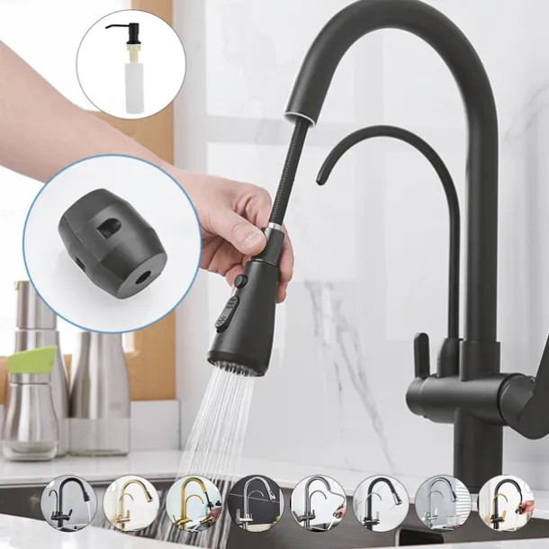 Kitchen Sink Mixer Faucet Pull Out Sprayer with Soap Dispenser, 360 swivel Black Single Handle Brass Taps Pull Down, Deck Mounted Hot Cold Water Hose Filter Tap