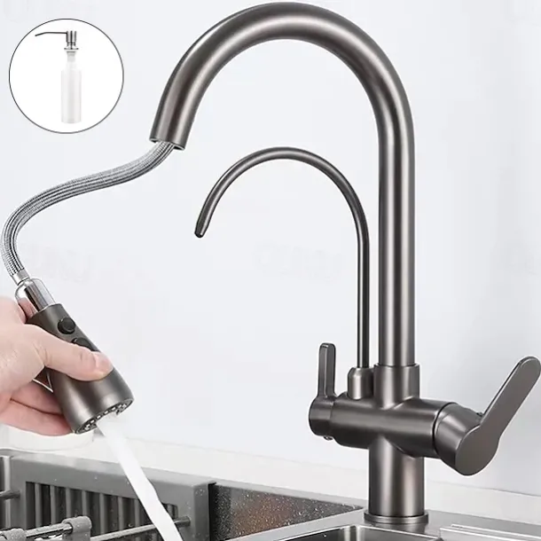Kitchen Sink Mixer Faucet Pull Out Sprayer with Soap Dispenser, 360 swivel Black Single Handle Brass Taps Pull Down, Deck Mounted Hot Cold Water Hose Filter Tap