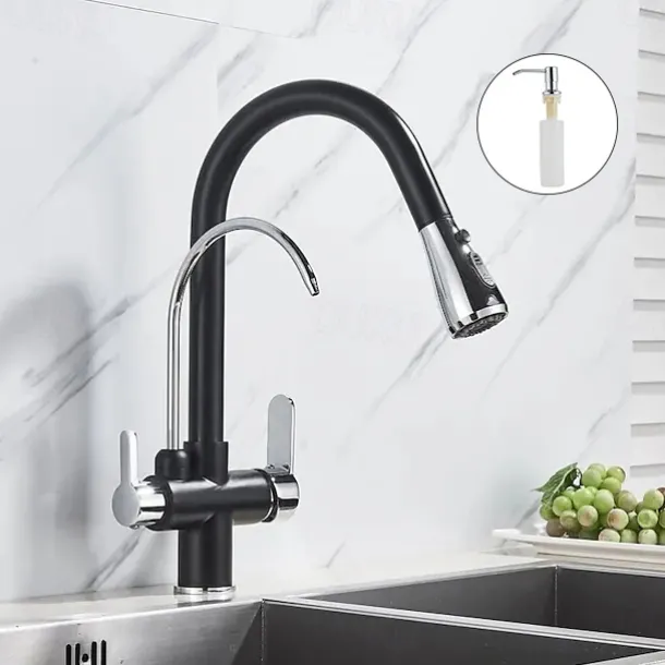 Kitchen Sink Mixer Faucet Pull Out Sprayer with Soap Dispenser, 360 swivel Black Single Handle Brass Taps Pull Down, Deck Mounted Hot Cold Water Hose Filter Tap