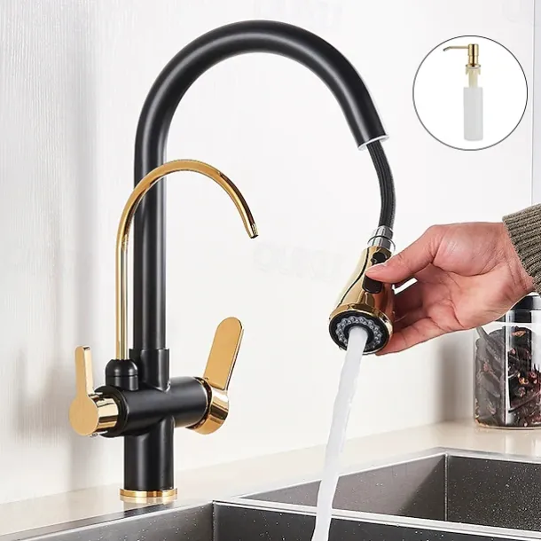 Kitchen Sink Mixer Faucet Pull Out Sprayer with Soap Dispenser, 360 swivel Black Single Handle Brass Taps Pull Down, Deck Mounted Hot Cold Water Hose Filter Tap