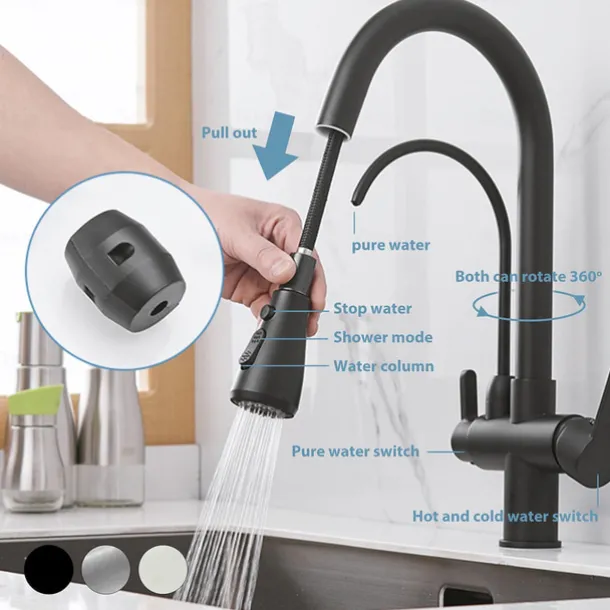 Kitchen Sink Mixer Faucet Pull Out Sprayer with Soap Dispenser, 360 swivel Black Single Handle Brass Taps Pull Down, Deck Mounted Hot Cold Water Hose Filter Tap