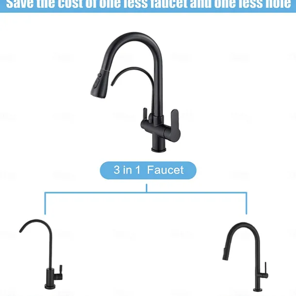 Kitchen Sink Mixer Faucet Pull Out Sprayer with Soap Dispenser, 360 swivel Black Single Handle Brass Taps Pull Down, Deck Mounted Hot Cold Water Hose Filter Tap