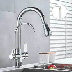 Kitchen Sink Mixer Faucet Pull Out Sprayer with Soap Dispenser, 360 swivel Black Single Handle Brass Taps Pull Down, Deck Mounted Hot Cold Water Hose Filter Tap
