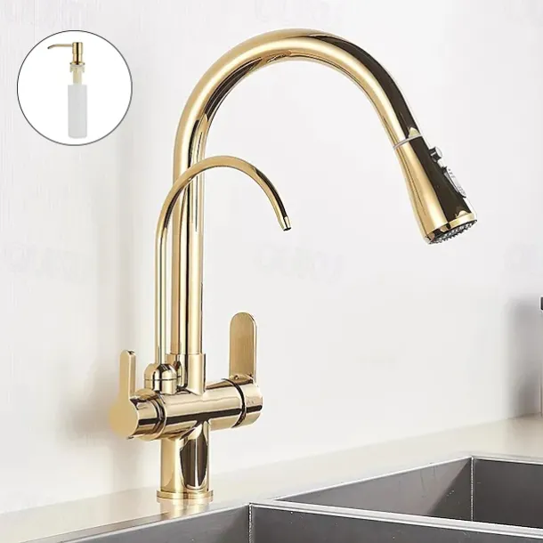 Kitchen Sink Mixer Faucet Pull Out Sprayer with Soap Dispenser, 360 swivel Black Single Handle Brass Taps Pull Down, Deck Mounted Hot Cold Water Hose Filter Tap