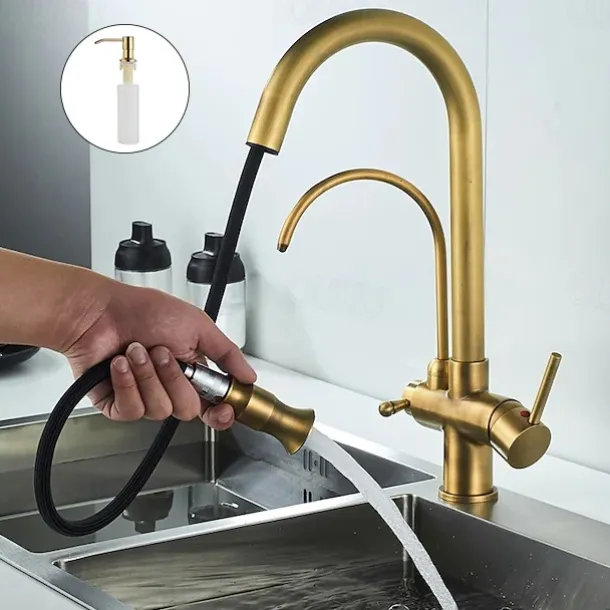 Kitchen Sink Mixer Faucet Pull Out Sprayer with Soap Dispenser, 360 swivel Black Single Handle Brass Taps Pull Down, Deck Mounted Hot Cold Water Hose Filter Tap