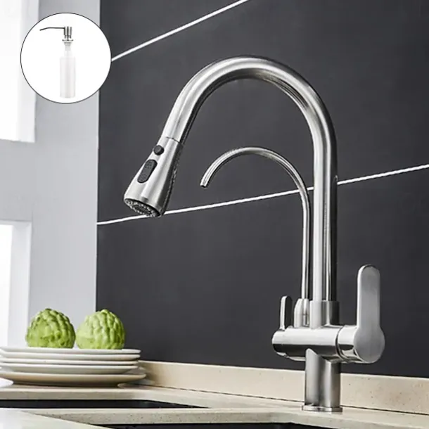 Kitchen Sink Mixer Faucet Pull Out Sprayer with Soap Dispenser, 360 swivel Black Single Handle Brass Taps Pull Down, Deck Mounted Hot Cold Water Hose Filter Tap