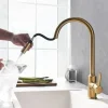 Kitchen Sink Mixer Faucet Pull Out, 360 swivel Single Lever Handle Brushed Solid Brass Taps Cold Hot Hose, One Hole with Pull Down Sprayer Black Gold Faucets