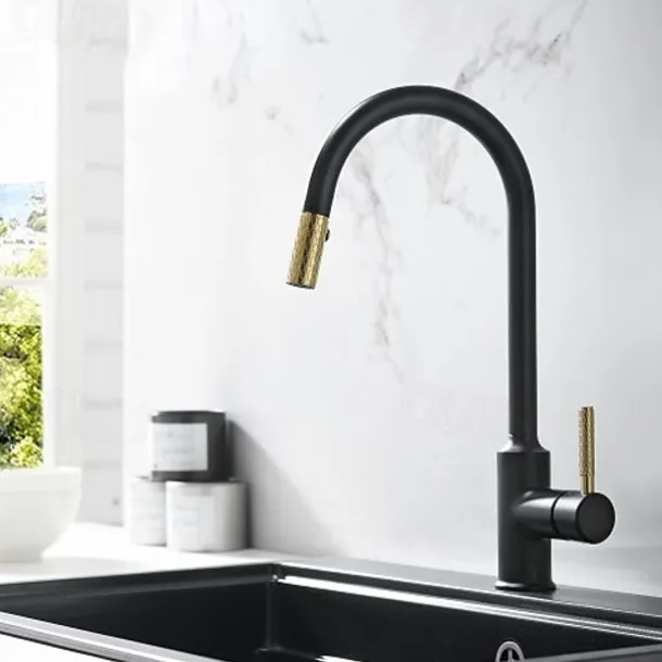 Kitchen Sink Mixer Faucet Pull Out, 360 swivel Single Lever Handle Brushed Solid Brass Taps Cold Hot Hose, One Hole with Pull Down Sprayer Black Gold Faucets