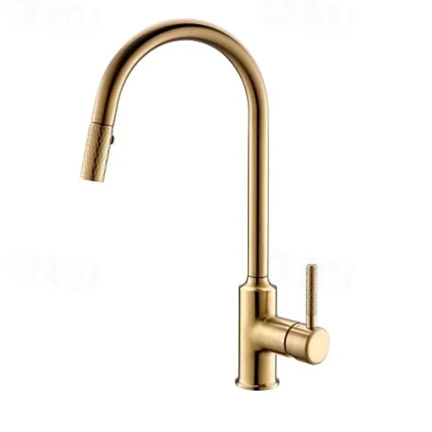 Kitchen Sink Mixer Faucet Pull Out, 360 swivel Single Lever Handle Brushed Solid Brass Taps Cold Hot Hose, One Hole with Pull Down Sprayer Black Gold Faucets