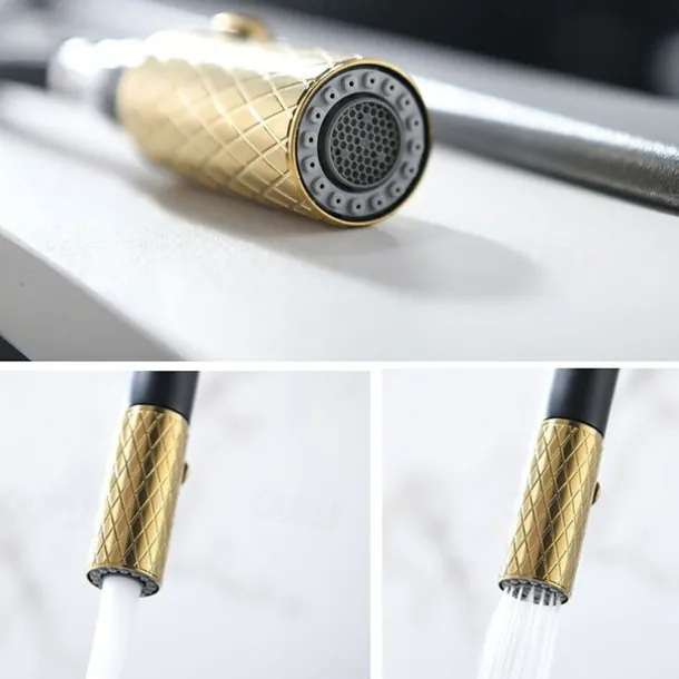 Kitchen Sink Mixer Faucet Pull Out, 360 swivel Single Lever Handle Brushed Solid Brass Taps Cold Hot Hose, One Hole with Pull Down Sprayer Black Gold Faucets