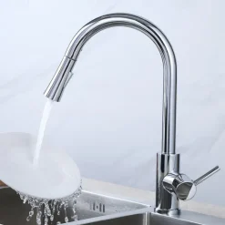 Kitchen Sink Mixer Faucet with Pull-out Spray Stainless Steel, 360 Rotating Single Handle Pull Down Kitchen Vessel Taps Deck Mounted