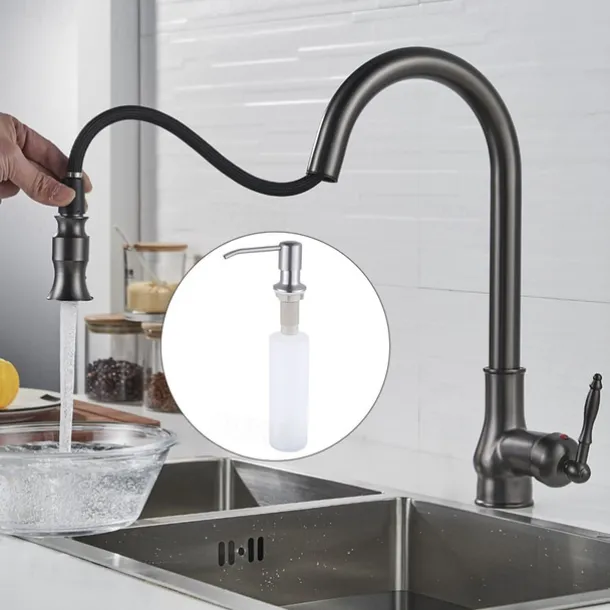 Kitchen Sink Mixer Faucet with Pull Out Sprayer Grey, 360 Swivel Single Handle Spring Kitchen Taps Deck Mounted, One Hole Brass Kitchen Sink Faucet Water Vessel Taps