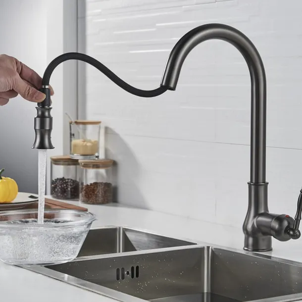Kitchen Sink Mixer Faucet with Pull Out Sprayer Grey, 360 Swivel Single Handle Spring Kitchen Taps Deck Mounted, One Hole Brass Kitchen Sink Faucet Water Vessel Taps