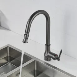 Kitchen Sink Mixer Faucet with Pull Out Sprayer Grey, 360 Swivel Single Handle Spring Kitchen Taps Deck Mounted, One Hole Brass Kitchen Sink Faucet Water Vessel Taps