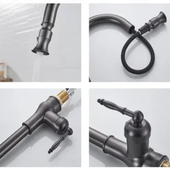 Kitchen Sink Mixer Faucet with Pull Out Sprayer Grey, 360 Swivel Single Handle Spring Kitchen Taps Deck Mounted, One Hole Brass Kitchen Sink Faucet Water Vessel Taps