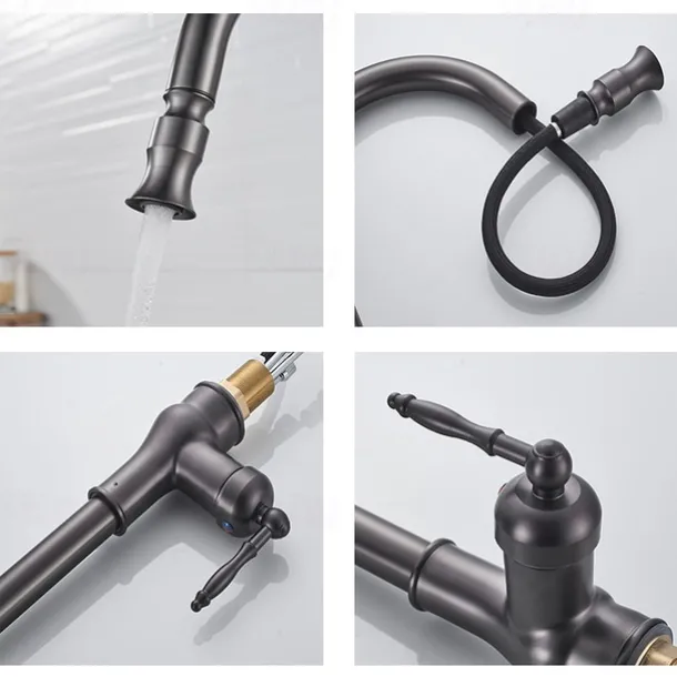 Kitchen Sink Mixer Faucet with Pull Out Sprayer Grey, 360 Swivel Single Handle Spring Kitchen Taps Deck Mounted, One Hole Brass Kitchen Sink Faucet Water Vessel Taps