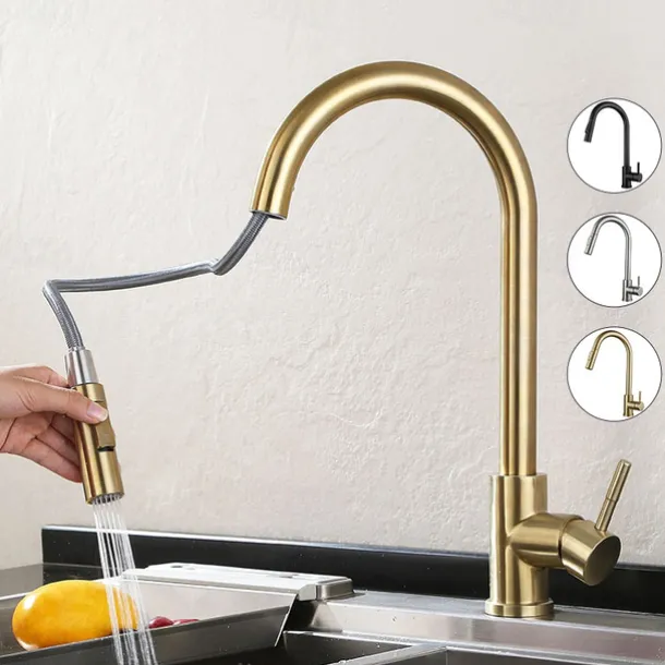Kitchen Sink Mixer Faucet Stainless Steel with Pull Out Sprayer, 360° Rotatable Multi-function Pull Down Single Handle Kitchen Vessel Tap Brushed Gold Finish