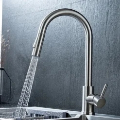 Kitchen Sink Mixer Faucet Stainless Steel with Pull Out Sprayer, 360° Rotatable Multi-function Pull Down Single Handle Kitchen Vessel Tap Brushed Gold Finish