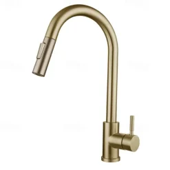 Kitchen Sink Mixer Faucet Stainless Steel with Pull Out Sprayer, 360° Rotatable Multi-function Pull Down Single Handle Kitchen Vessel Tap Brushed Gold Finish