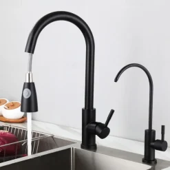 Kitchen Sink Mixer Faucet with Pull Out Spray Deck Mounted, 304 Stainless Steel 360 Rotatable Kitchen Vessel Taps for Vegetable Washing Basin Black Brushed Nickel