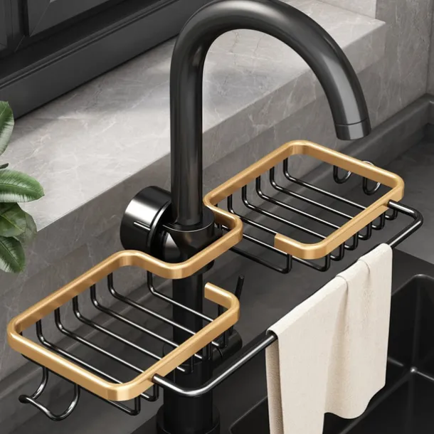 Kitchen Storage Rack Faucet Rack Black Gold Household Sink Dishwashing Sponge Rag Drain Water Hanging Basket Sink